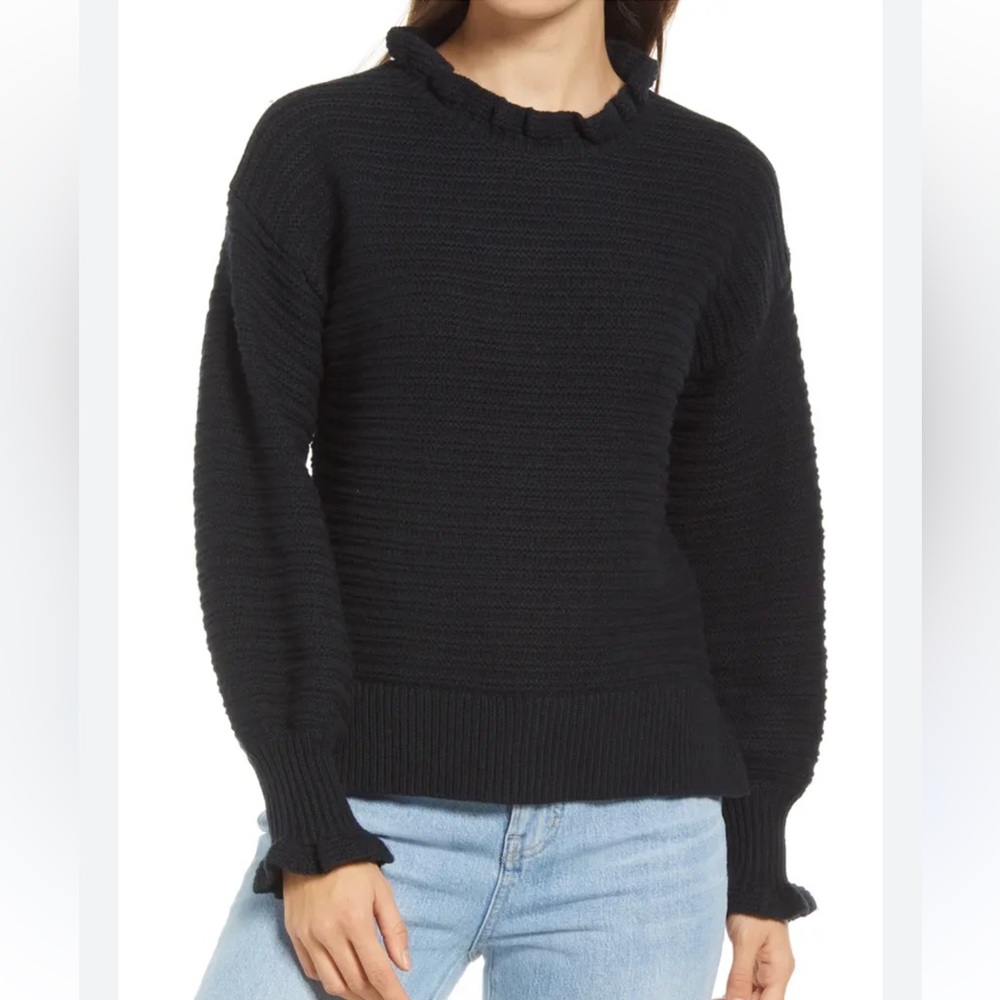 Madewell Black Ruffle, Cotton and Merino Wool Victorian Sweater Size: L